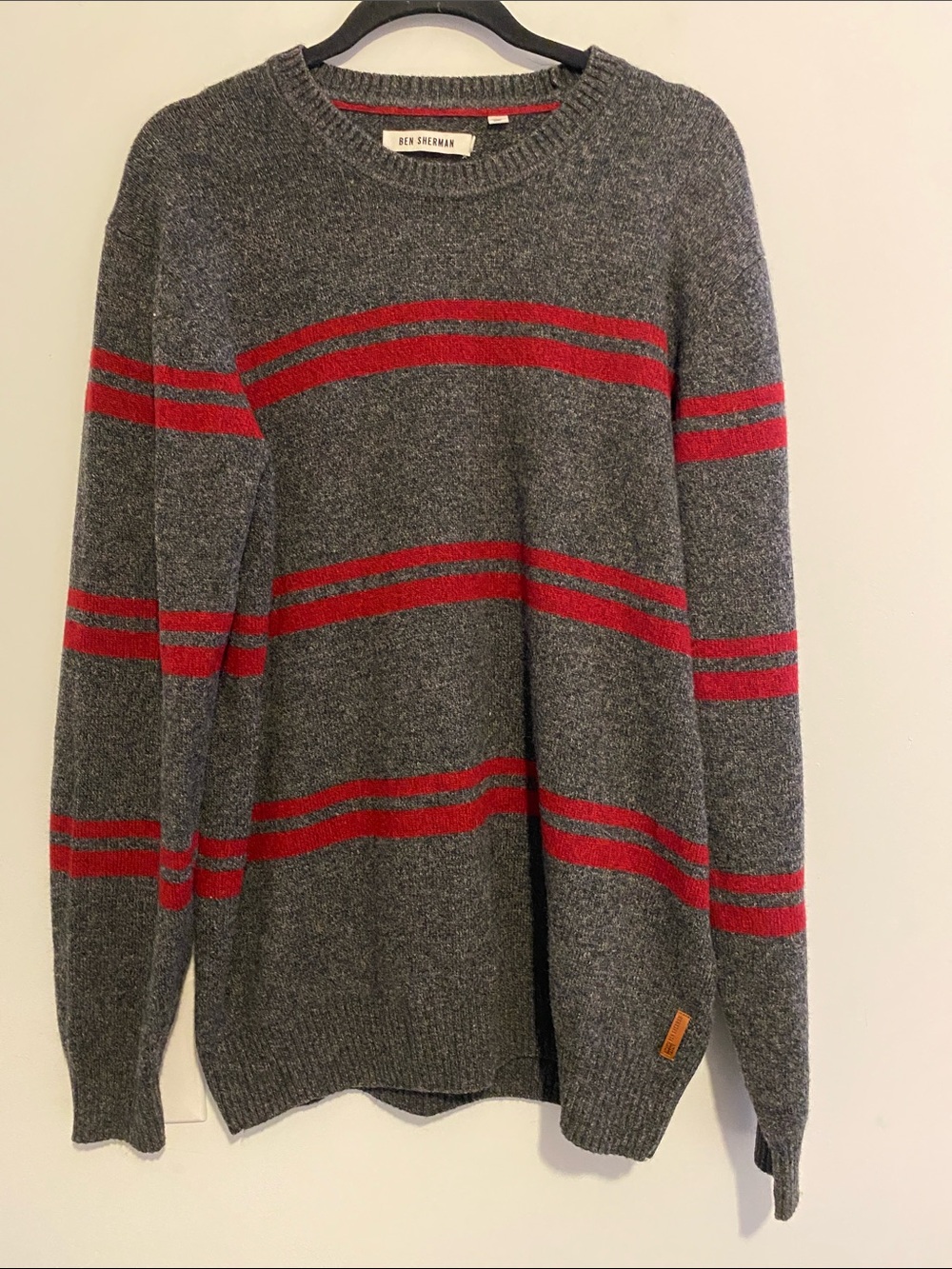Ben Sherman Gray Crewneck Sweater with Red Stripes, wool blend.